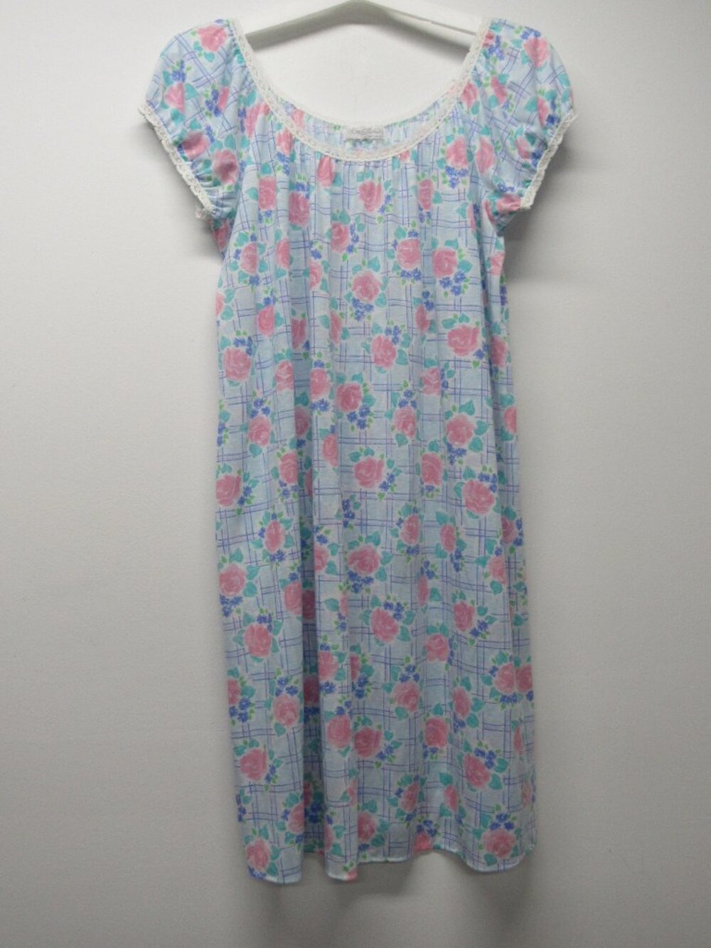 Vintage Miss Elaine Blue Pink Rose Floral Plaid Nightgown Small Union Made USA